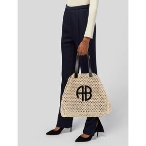 Anine Bing Large Rio Tote Bag in Natural Tan Raffia Straw Leather Handle EUC
